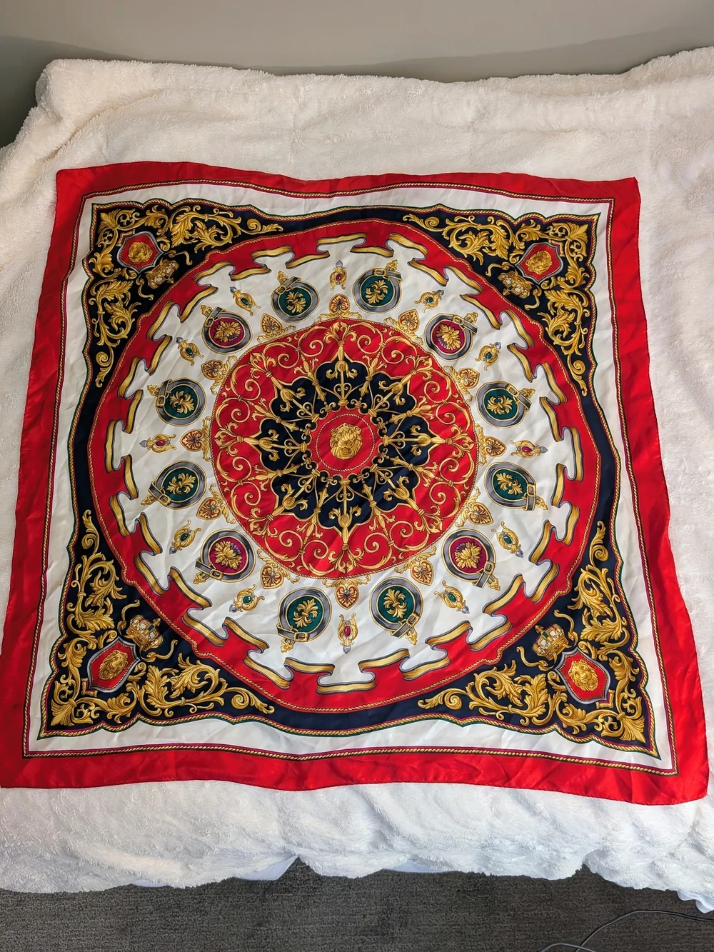 Vintage Japanese Silk Scarf Baroque Lion Medallion Red Gold 30x31